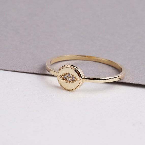 14K Gold Evil Eye Ring, Tiny Evil Eye Ring, Round Eye Ring, Simple Protection Ring, Good Luck Engagement Ring, Gold Pinky Religious Ring