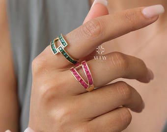 14K Gold Baguette Birthstone Ring, Birthstone Personalized Band Ring, Custom Gemstone Ring, Twisted Knuckle Band, Stacking Promise Ring