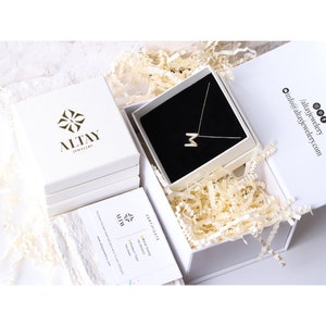 K&ouml;nnte beinhalten: Eine wei&szlig;e Box mit einem goldenen Logo, auf dem "Altay Jewelry" steht, ist ge&ouml;ffnet und zeigt eine wei&szlig;e Box mit einer goldenen Kettenkette mit einem Buchstaben "M" Anh&auml;nger. Die Kette liegt auf einem schwarzen Samtkissen. Die Box ist von wei&szlig;em Knitterpapier umgeben.