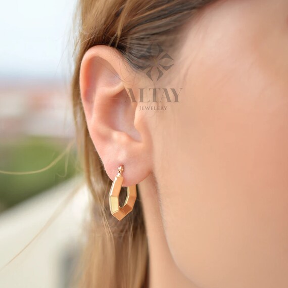 14K Gold Hexagon Hoop Earring, Geometric Gold Hoops, Gold  14K Gold Hoop for Women in Hexagon Styles Delicate Simple Thick Gold Trendy main image 1