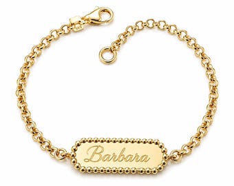 14K Gold Bar Rolo Chain Bracelet, Custom Bar Bracelet, Personalized Name Bracelet, Engraved Bracelet for Women, Friendship Bracelet