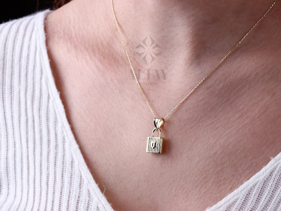 14k Gold Lock Necklace, Little Gold Lock Charm Necklace, Padlock Charm, Holiday Gift, Lock Necklace, Dainty Lovers Necklace, Gift for Her