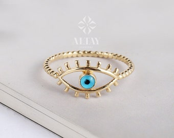 14K Solid Gold Evil Eye Ring, Evil Eye Stone, Good Luck Ring, Dainty Ring, Stackable Ring, Gift For Her, Minimal Ring, Delicate Fashion Ring