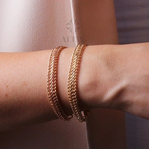 14K Gold Bismark Bracelet, 5 mm Curb Wrist Chain, Gold Herringbone Stack Link, Braided Bismarck Christmas Valentine&#39;s Day Gift For Her
