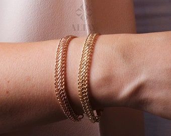 14K Gold Bismark Bracelet, 5 mm Curb Wrist Chain, Gold Herringbone Stack Link, Braided Bismarck Christmas Valentine's Day Gift For Her