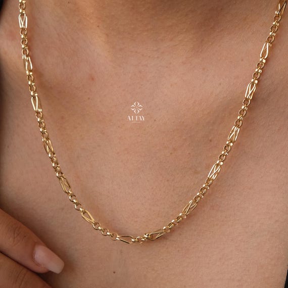 14K Gold Long Paperclip Rolo Chain Necklace, Rectangle Long Rolo Chain, Chunky Round Chain Link Dainty Necklace, Layered Chain Necklace