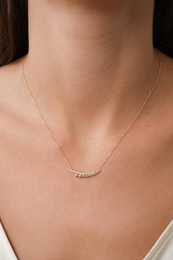 14K Gold Beaded Bar Necklace with CZ, Dainty Curved Bar Necklace, Minimal Gold Necklace, Everyday Sparkle Necklace for Her