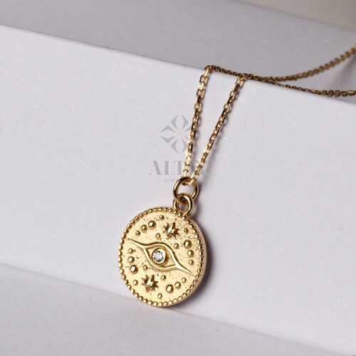 Evil Eye Gold Necklace Dainty Evil Eye Coin Necklace Gold Etsy