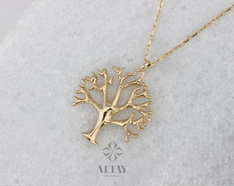 14K Solid Gold Tree Necklace, Tree of Life Pendant, Family Tree Charm, Tree of Life Choker, Nature Pendant, Minimalist Everyday Jewelry