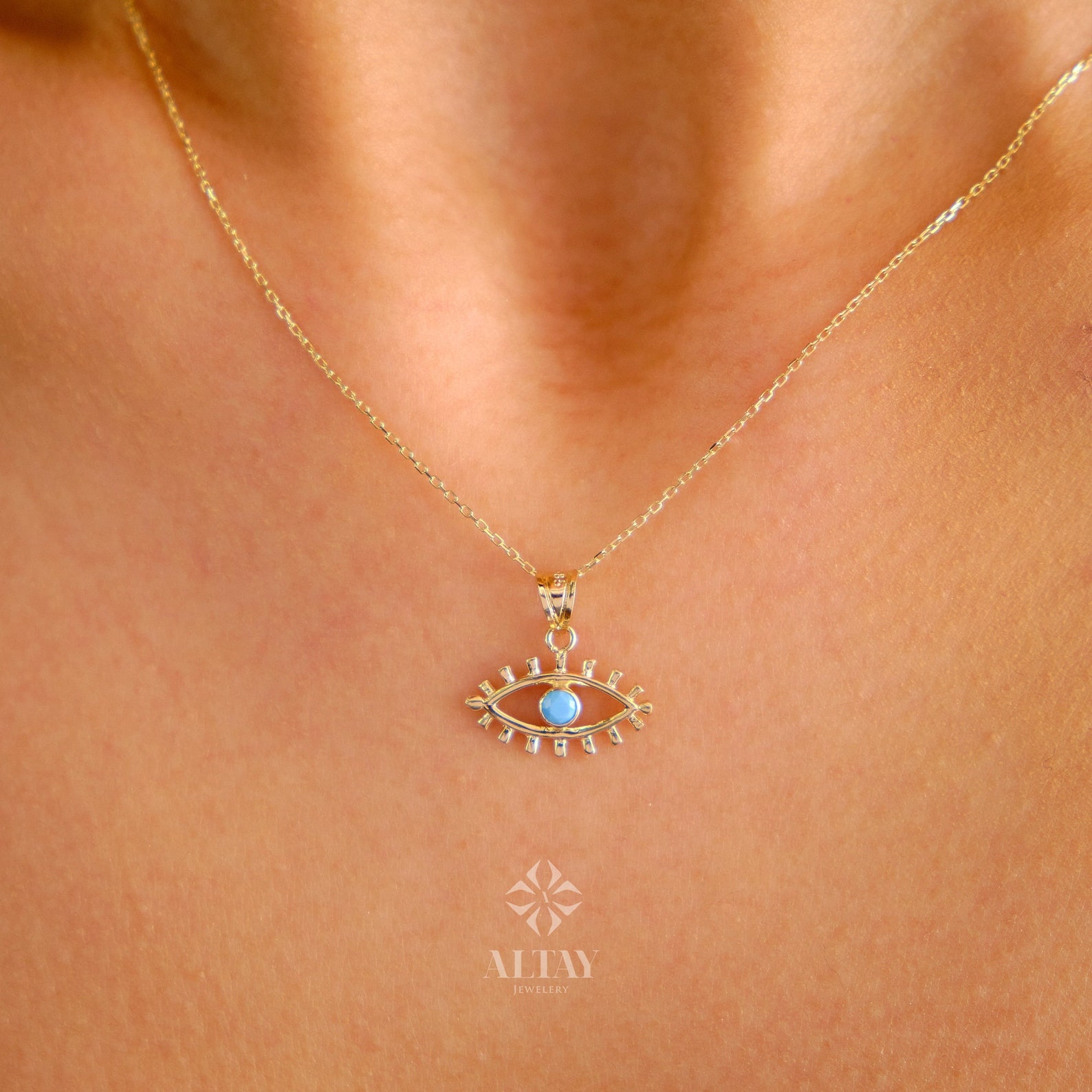 14k Solid Gold Evil Eye Necklace Protection Symbol Turquoise Etsy
