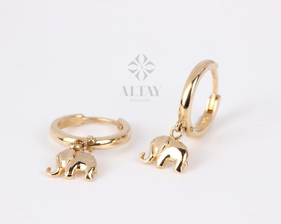 14K Solid Gold Elephant Earring, Huggie Gold Earring, Animal Hoop Gold Earring, Minimalist Hoop Earring, Good Fortune Symbol, Gift for Her