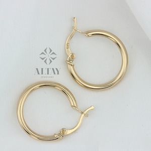 14K Gold Round Hoop Earrings, 12mm Tube Hoop Earrings, Classic Hoops Huggies, Everyday Earrings, Shiny Gold Hoops, Round Endless Hoops