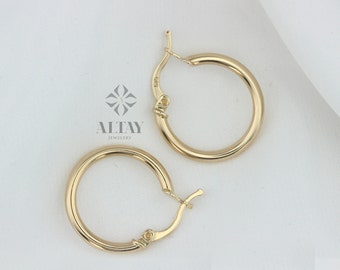 14K Gold Round Hoop Earrings, 12mm Tube Hoop Earrings, Classic Hoops Huggies, Everyday Earrings, Shiny Gold Hoops, Round Endless Hoops