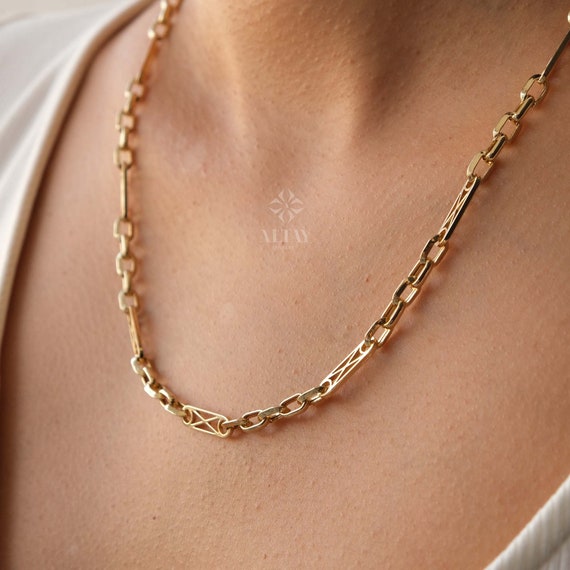14K Gold Paperclip Rolo Chain Necklace, Long Link Gold Chain, Chunky Round Link Necklace, Layered Everyday Gold Choker