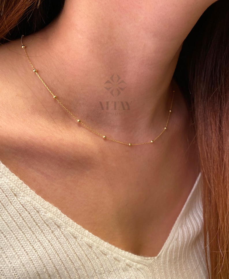 14K Gold Bead Chain Necklace, Mini Balls Necklace, Multi balls Chain Necklace, Minimalist Fashion Necklace, Delicate Modern, Gift For Her image 8