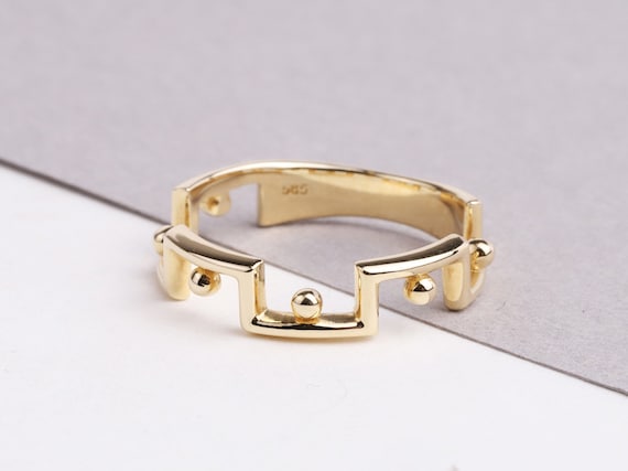14K Gold Edge Ring, Dainty Geometric Bead Ring, Chunky Edge Gold Ring, Designer Thick Band Statement Ring, Angular Ring Real Gold