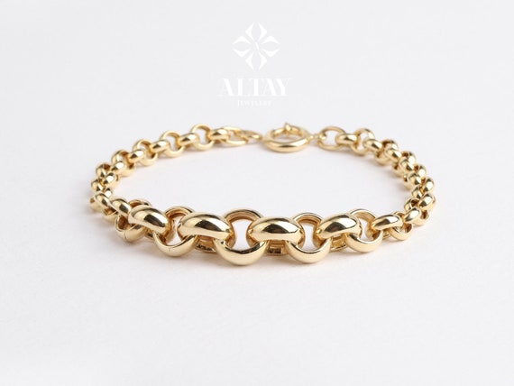 14K Gold Rolo Chain Bracelet, 10mm Round Paperclip Chain, Gold Thick Shiny Round Link, Rolo Charm Link , Women Man Gold Stacking Bracelet
