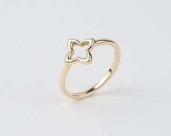 14K Gold Four Leaf Clover Ring, Open Clover Ring, Good Luck Clover Charm Ring, Gold Leaf, St. Patrick's Day Accessory Band, Gift for Wife