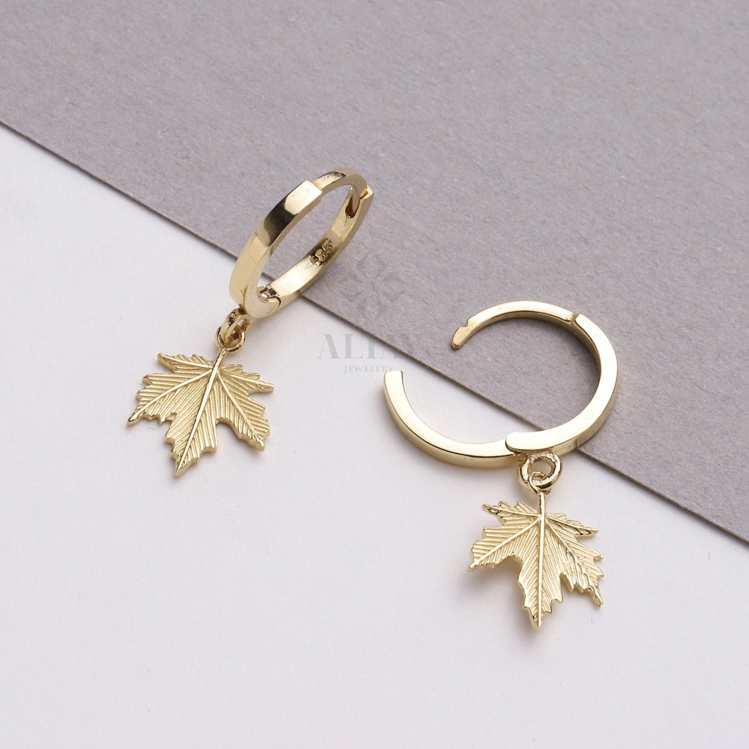 14K Gold Leaf Hoop Earrings, Dangle Maple Leaf Huggies, Maple Leaf