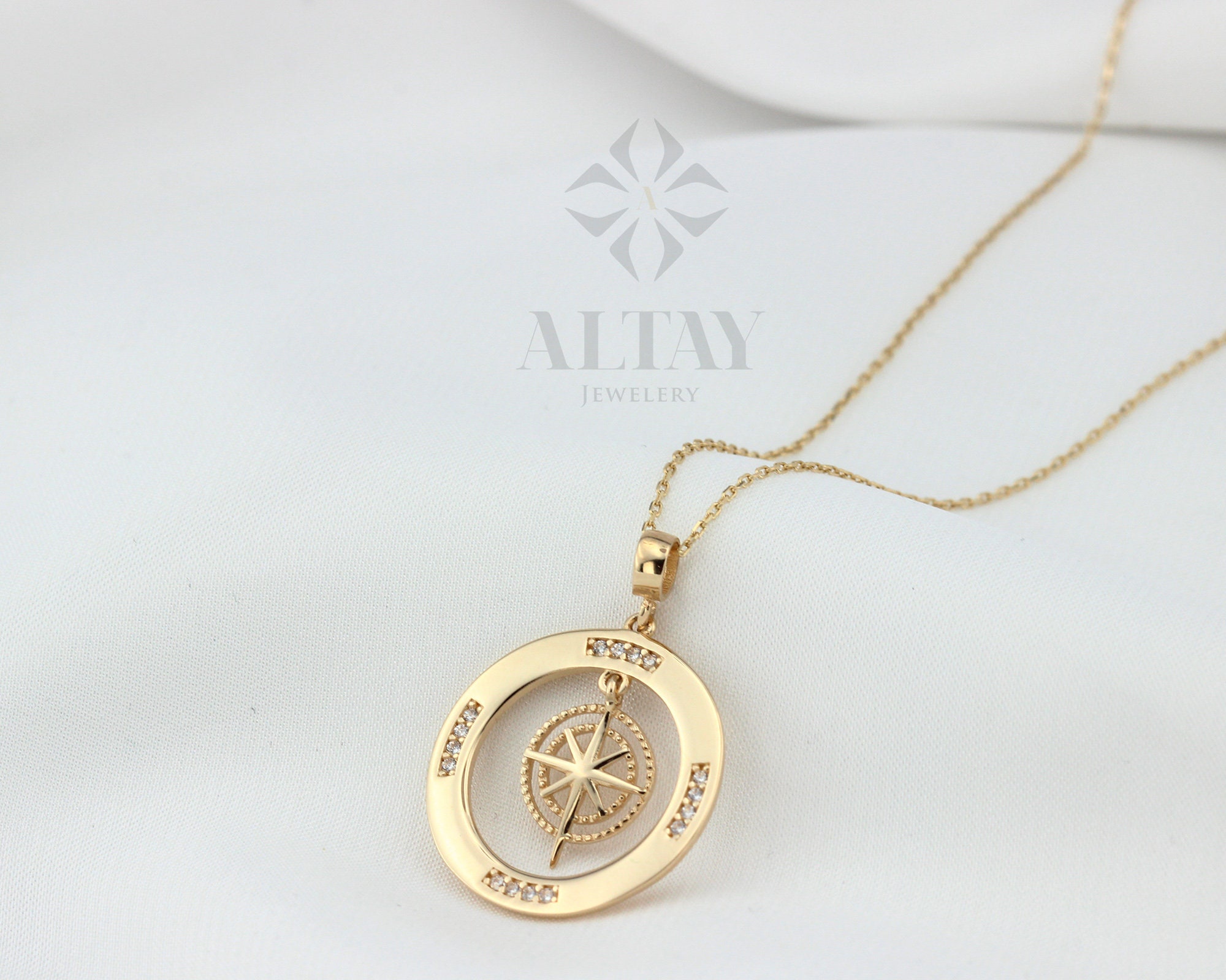 14K Gold Compass Necklace, Zirconia Stones Compass Jewelry, Cz Diamonds
