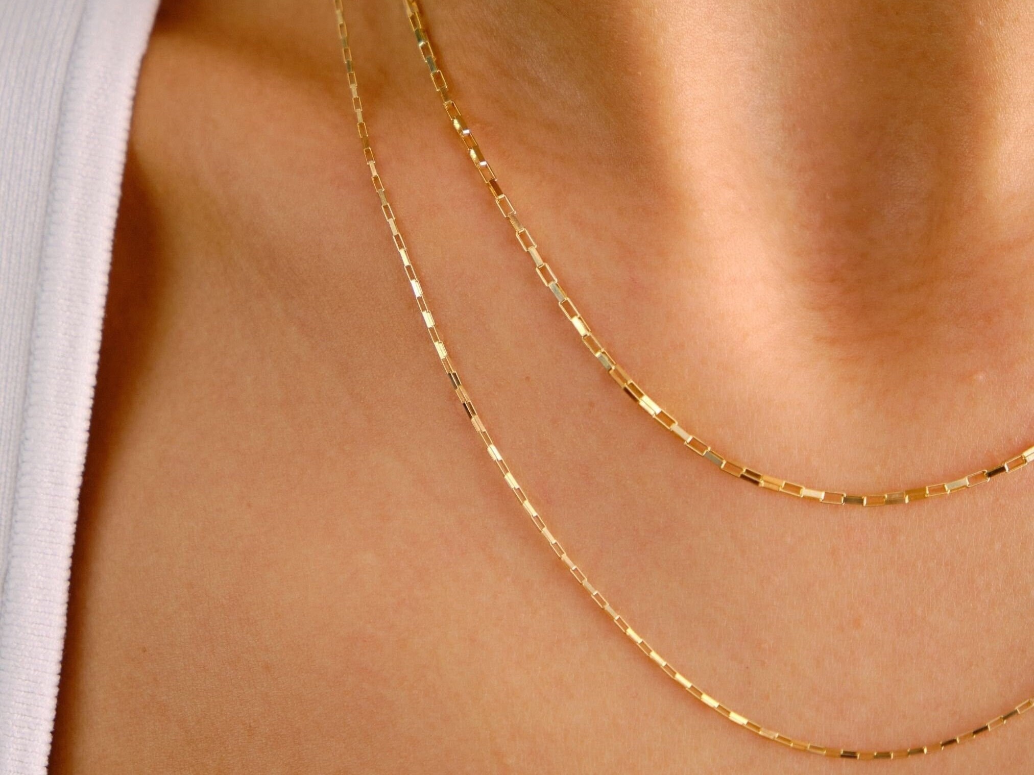 14K Gold Rectangle Box Chain Necklace 0.90mm 1.35mm Tiny Link