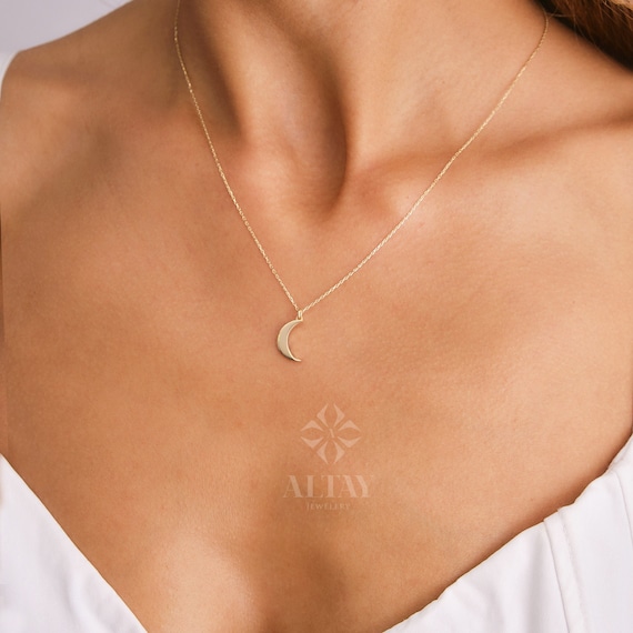 14K Gold Moon Necklace, Crescent Moon Pendant, Gold Moon Charm, Lunar Necklace, Moon Phase Necklace, Minimalist Celestial Necklace