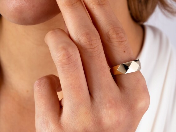 14K Gold Edge Ring, Dainty Gold Dome Band Ring, Geometric Chunky Gold Ring, Thick Band Statement Ring, Designer Angular Ring, Unique  Ring