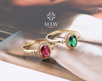 14K Gold Birthstone Ring, Emerald Gemstone Vintage Gold Stackable Ring, Dainty Gold Elegant Ring, Art Deco Wedding Band, Half Eternity Ring
