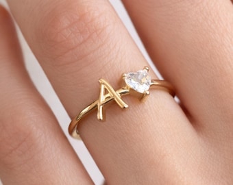 14K Gold Initial Ring with Removable Letters, Heart Stone Ring, Personalized Letter Ring, Custom Name Ring, Meaningful Gift for Her