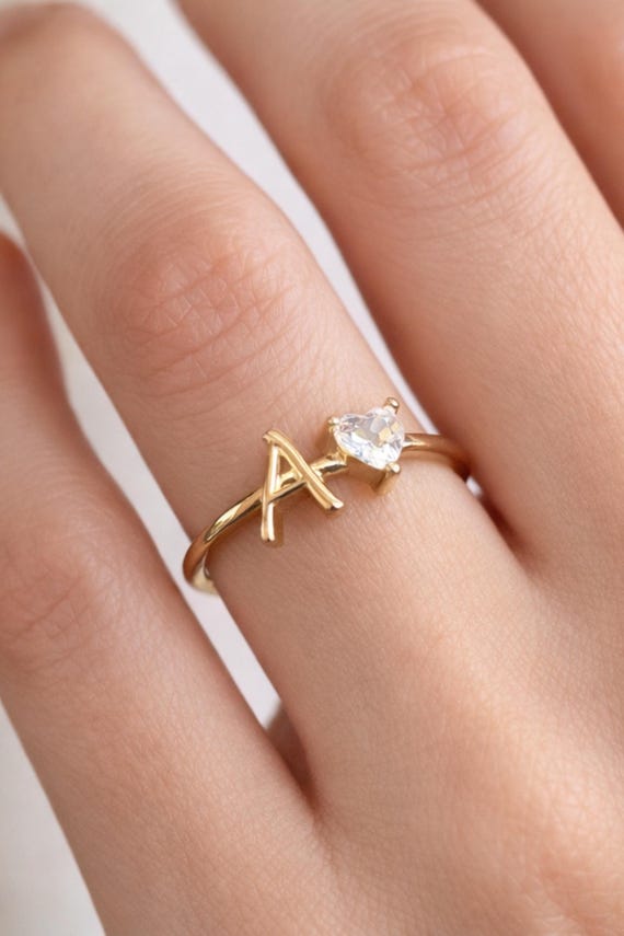 14K Gold Initial Ring with Removable Letters, Heart Stone Ring, Personalized Letter Ring, Custom Name Ring, Meaningful Gift for Her