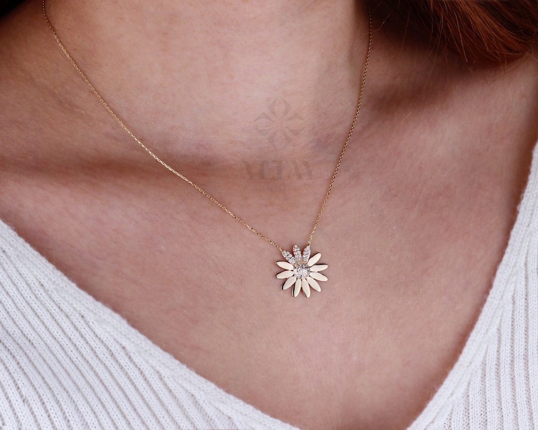 14K Gold Daisy Pendant, Gold Cz Diamond Flower Necklace, Yellow and