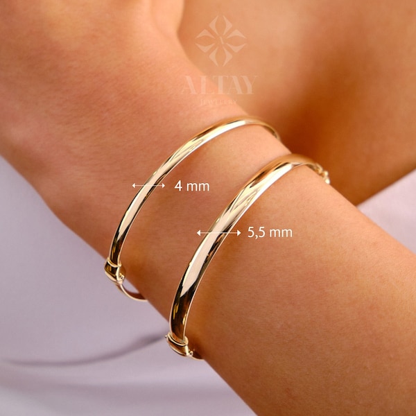 14K Gold Hinged Classic Gold Bracelet, Custom Gold Dome Bangle, 4mm 5mm Wide Bracelet, Personalized Bangle, Stacking Cuff, Engraved Bangle