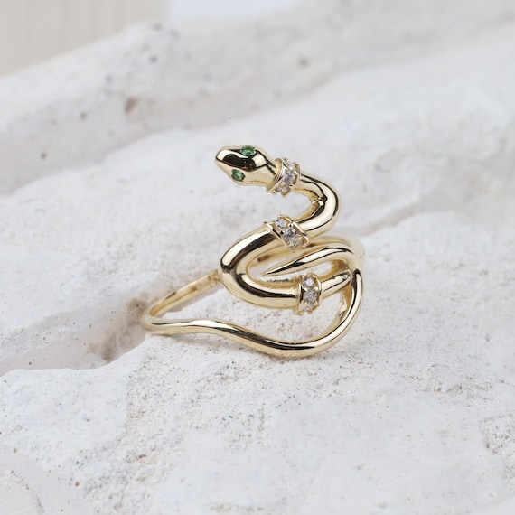 14K Gold Snake Ring, Snake Band, Open Serpent Jewelry, Dainty Stacking Animal Rings, CZ Snake Style Band, Open Band Statement Wrap Band Ring
