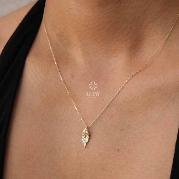 14K Gold Feather Necklace, Feather Charm Pendant, Dainty Layering Necklace, Minimal Feather Charm Choker, Leaf Necklace, Good Luck Necklace