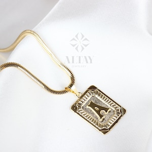 Collar con inicial de oro de 14 quilates, collar con letras de oro, letra de bloque cuadrada, collar personalizado, collar con medallón, regalo para ella y él