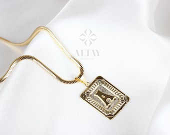 14K Gold Initial Necklace, Gold Letter Necklace, Square Block Letter, Custom Personalized Necklace, Medallion Necklace, Gift For Her Him