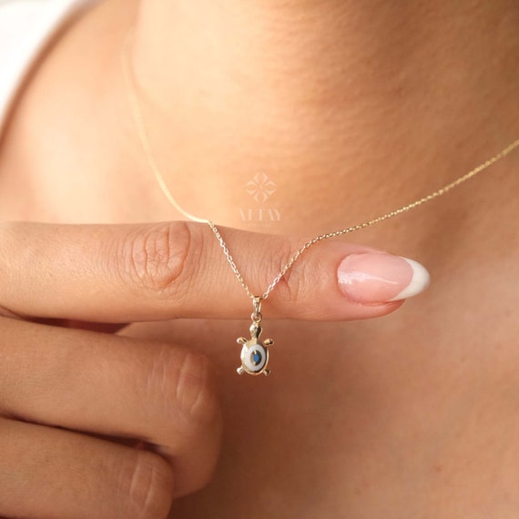 14K Gold Turtle Necklace, Tortoise Pendant, Turquoise Caretta Caretta Charm, Gold Cable Chain Chain Choker, Layering Sea Turtle Necklace