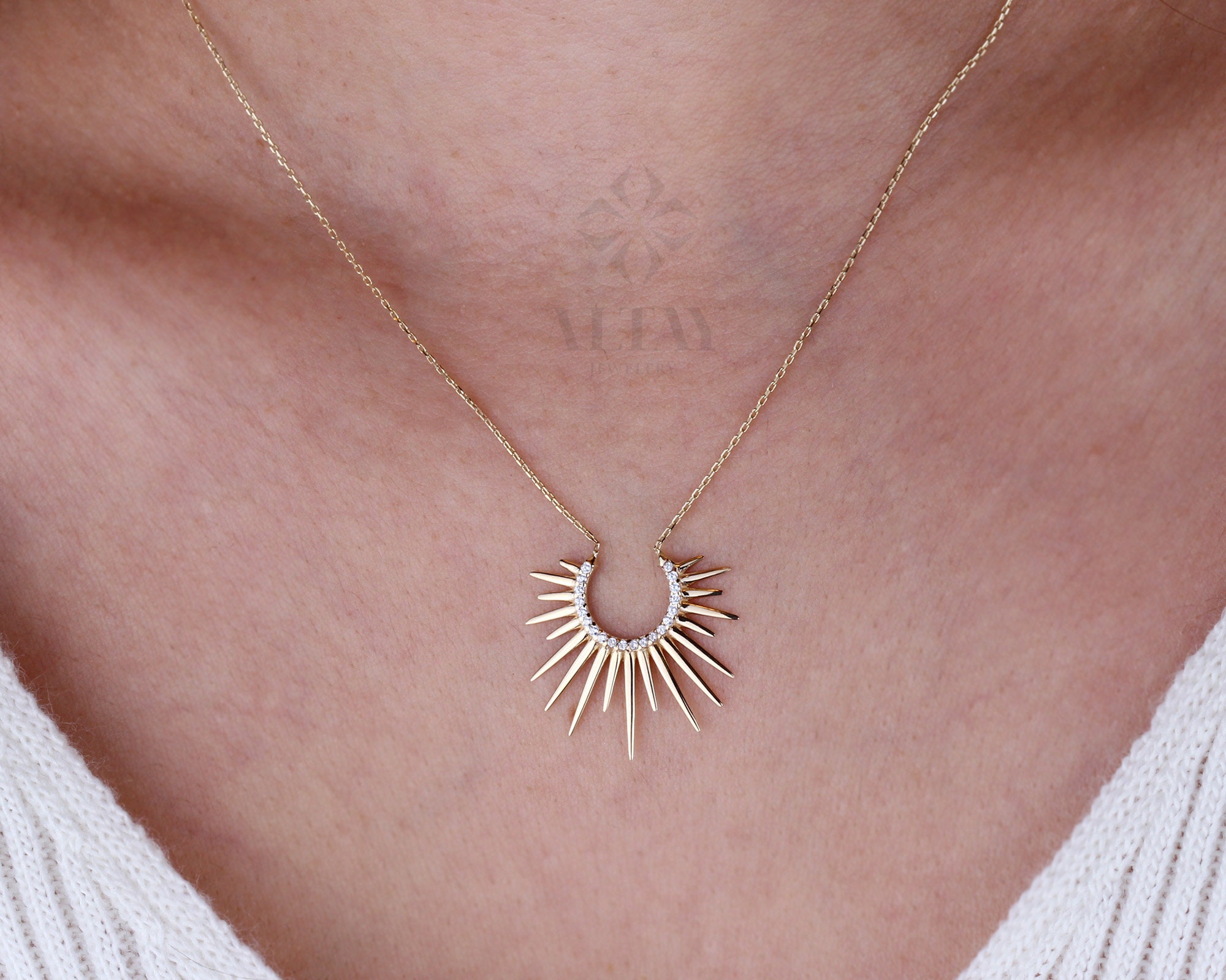 14K Gold Sunburst Necklace, Spikey Gold Sun Pendant, Celestial Layering