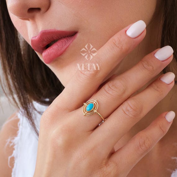 14K Gold Turquoise Stone Ring, Compass Polar Star Band, North Star Turquoise Ring, Astrology Starburst Ring, Luck Star, Celestial Pinky Ring