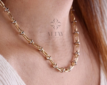 14K Gold Two Tone Chain Necklace, Oval Chain Choker, Rectangle Long Paperclip Chain, Chunky Chain Link, Two-Tone Charm Necklace