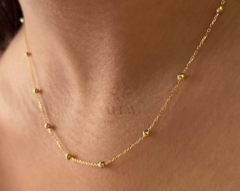 14K Gold Bead Chain Necklace, Mini Balls Necklace, Multi Balls