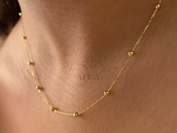 14K Gold Bead Chain Necklace, Mini Balls Necklace, Multi Balls