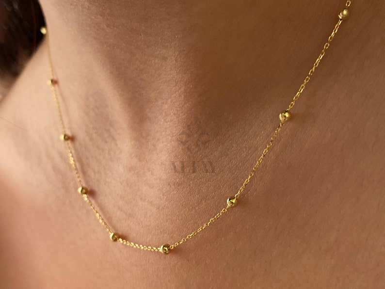 14K Gold Bead Chain Necklace, Mini Balls Necklace, Multi balls Chain Necklace, Minimalist Fashion Necklace, Delicate Modern, Gift For Her image 1
