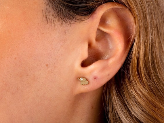 14K Gold Elephant Stud Earrings, Cz Diamond Minimalist Earrings, Tiny Cute Elephant Stud Earrings with Simulated Diamond