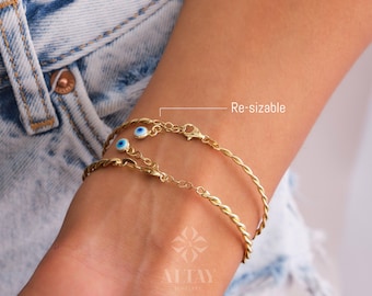 14K Gold Rope Bangle, Twisted Adjustable Gold Bangle, 2.75mm 1.95mm Wide Bracelet, Personalized Evil Eye Extender, Wire Stacking Cuff