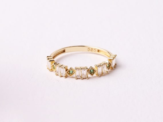 14K Gold Baguette Cz Diamond Ring, Emerald Eternity Ring, Cz Diamond Eternity Band, Wedding Ring, Stackable Baguette Green Gemstone Ring