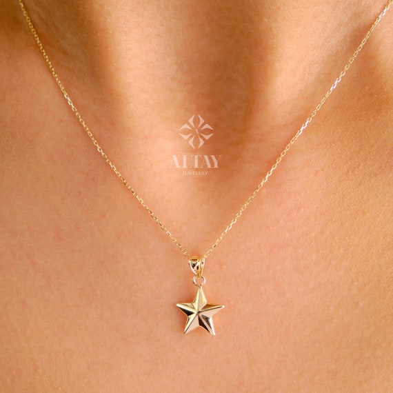 14K Gold Star Necklace, Small Star Pendant, 3D Star Charm Necklace, Stars Dainty Charm, Simple Tiny Necklace, Boho Jewelry, Gift for Her