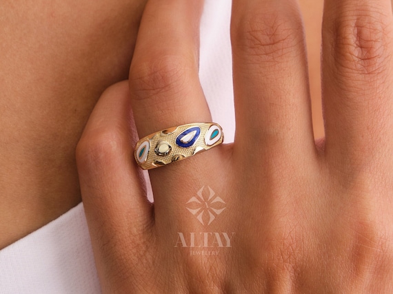 14K Gold Dome Ring, Classic Enamel Dome Ring, Mottled Design Dome Band, Bold Dome Ring, Wide Stackable Ring, Statement Ring, Wedding Band