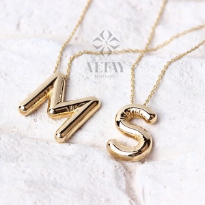 14K Gold Initial Necklace, 3D Gold Letter Necklace, Balloon Letter Pendant, Custom Personalized Necklace, Name Choker, Gift For Her Him zdjęcie 3