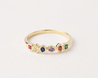 14K Gold Birthstone Ring, Multi Stone Gold Ring, Engagement Band Ring, Promise Ring, Birthstone Ring, Stacking Bridal Ring, Beaded Gold Ring